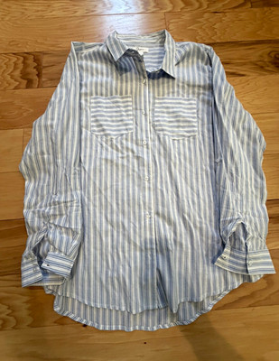 Japna Women s XL Blue White Striped Cotton Button Down Shirt Clean Girl Classic