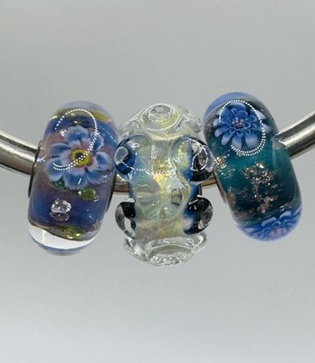New Elfbeads 3 Glass Bead Charms Trio/lot Summer Beach, Glitter & Flowers