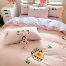 Queen Duvet Cover, Cotton 3Pcs Full Floral Bedding Sets, Pink Purple Cute Kaw...