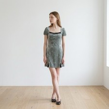 Y2k Coquette Babydoll Mini Dress S Green Crushed Velvet Lace Open Back Fairy