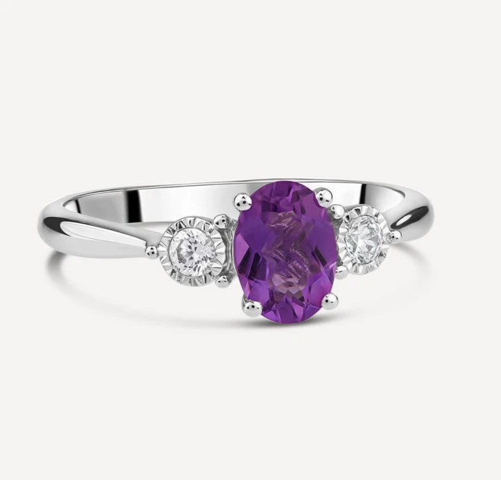 Simulated Purple Amethyst & White Moissanite 950 Platinum Three-Stone Chic Ring - Image 2 of 4