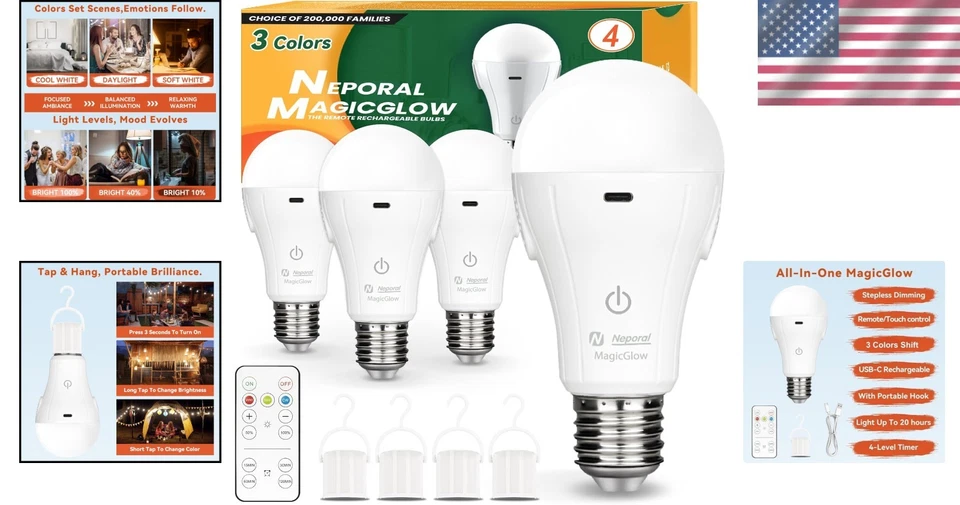 Stepless Dimming USB Rechargeable A19 Bulbs - MagicGlow Light Set with Remote - Image 2 of 4