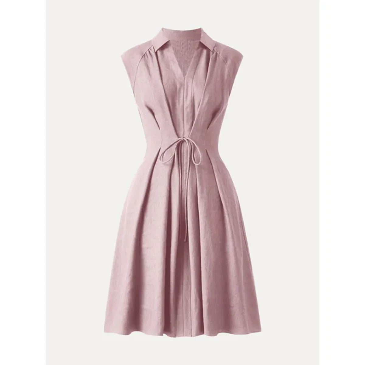 OGL Viscose-Linen Collared V-neck Midi Dress with Drawstring - No Import Fees