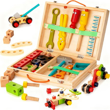 Tool Kit for Kids, 36-Piece Wooden Toddler Tools Set Includes Tool Box, Montesso