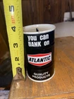 Vintage Atlantic Motor Oil Can Coin Bank Advertising Piggy No Bottom Plug 4”tall