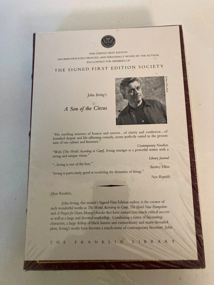 Son of the Circus by John Irving  (1994, HC)  SIGNED Franklin Library SEALED - Image 2 of 3