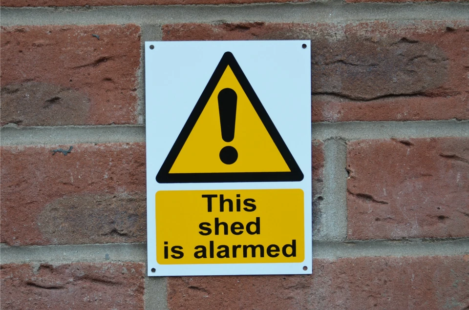THIS SHED IS ALARMED A6 or A5 plastic sign or sticker security garden CCTV
