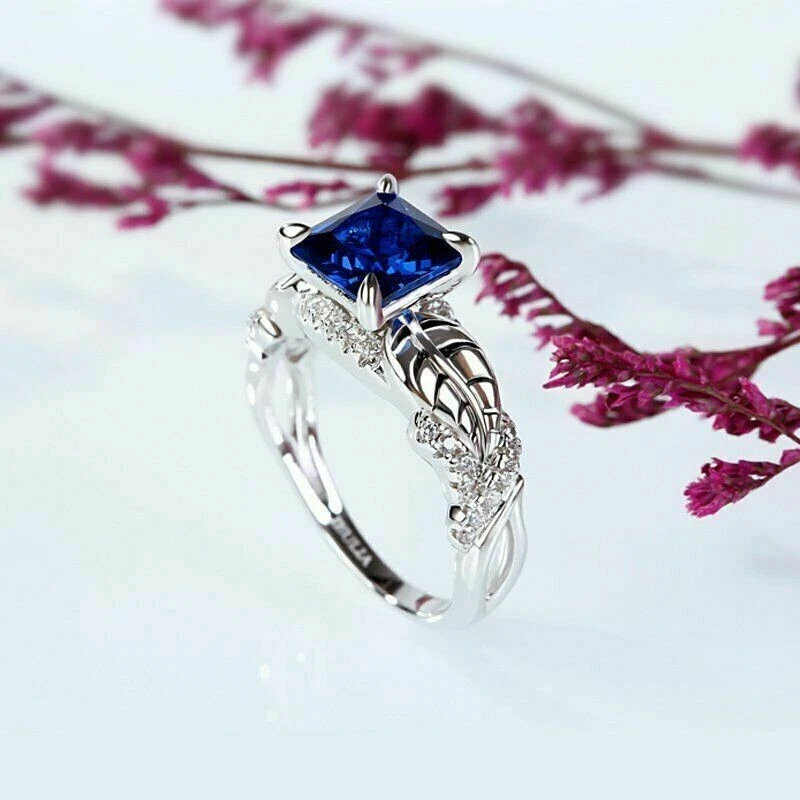 14K White Gold Finish 2.30 Ct Princess Blue Lab Created Leaf Shape Wedding Ring - Image 2 of 4