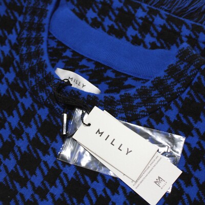 Milly NWT Crew Neck Sweater Size L US in Blue/Black Houndstooth Cotton Blend