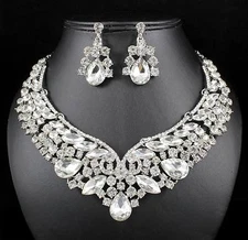 Princess Clear Austrian Rhinestone Necklace Earrings Set Bridal Silver Prom N819