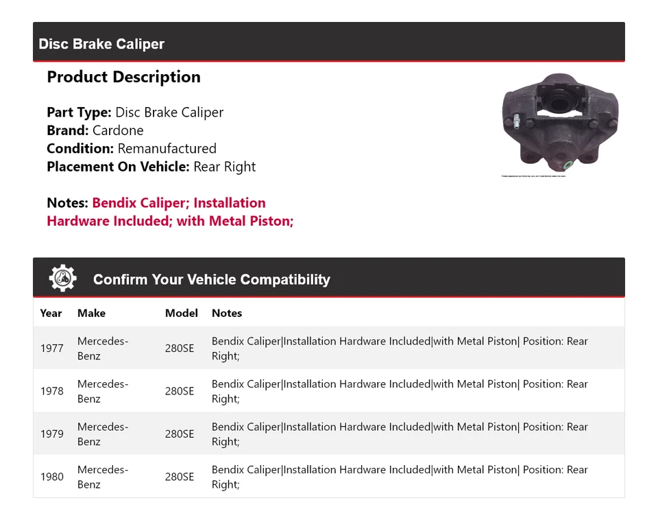 For 1977-1980 Mercedes-Benz 280SE Disc Brake Caliper Rear Right Cardone 1978 - Image 2 of 4