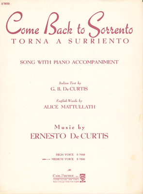 Come Back To Sorrento Sheet Music Medium Voice Piano 1947 De Curtis Mattullath