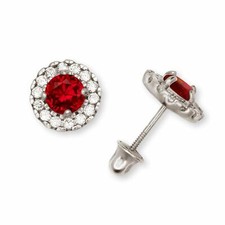 14K Solid White Gold 8mm Halo Cubic Zirconia Birthstone Screw Back Earrings