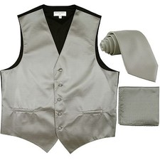 New men's tuxedo vest waistcoat  neck tie set horizontal stripes formal silver