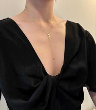 14K Gold Plated S925 Sterling Silver Chain Y Lariat Necklace Sequin Bead Pendant