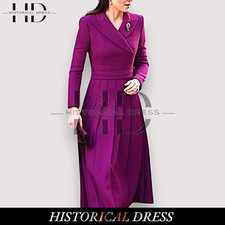 Princess Kate Middleton Purple Wool Coat Dress | Vintage Midi A-Line Gown