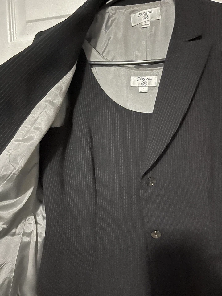 Conjunto de traje para mujer Stresa de 3 piezas chaqueta falda sin mangas rayas negras talla 6 Foto 4 de 4
