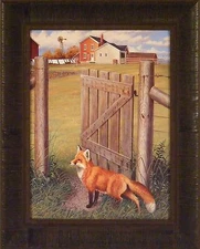 INDIAN SUMMER FOX by Harry Antis 17x21 Red Fox Farm Fence Gate FRAMED WALL ART