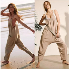 FREE PEOPLE MOVEMENT Hot Shot Jumpsuit L Mocha Latte Overalls Cotton Taupe Boho