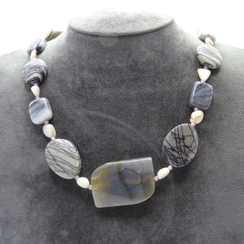 Grey Marble Picasso Jasper Style Necklace Agate Centre Stone T Bar
