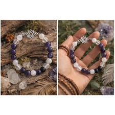Bohemian Beaded Stretch Bracelet Lotus Charm Amethyst Quartz