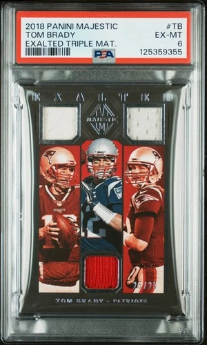 PSA 6 2018 Panini Majestic Exalted Triple Mat. #TB Tom Brady GAME-USED /25