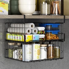 2 Pack Black Under Shelf Storage Baskets Foldable Carbon Steel Organizer