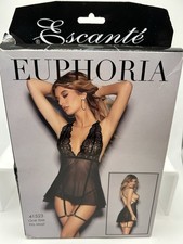Escante Euphoria Black Babydoll w/garters  Panties, Sheer Nightie One Size. D3