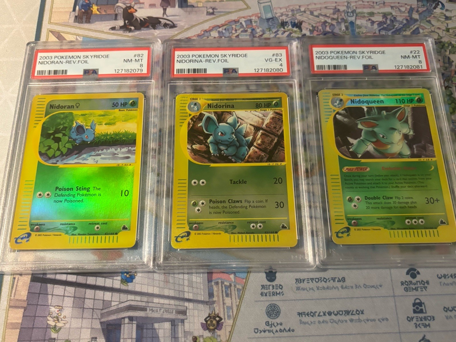 Sequential Graded Pokémon Skyridge Nidoran, Nidorina, & Nidoqueen Rev Holo PSA 8