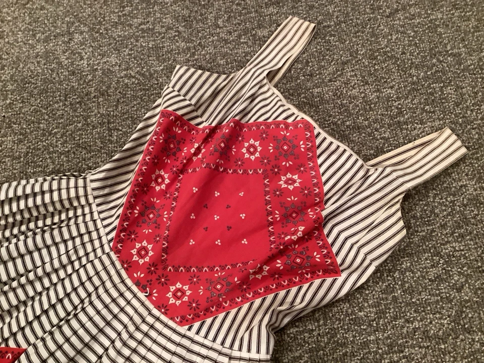 Vintage 1960s Handkerchief Sundress Cotton Blend Red Blue Ticking Med - Image 2 of 4