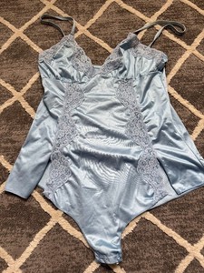 Vintage Silky Satin Blue Nylon Teddy Bodysuit Romper - Large - with lace trim