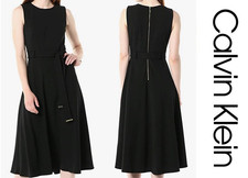 NWT Calvin Klein Sleeveless Midi A-Line Dress,10, BLACK Belted Exposed back zip