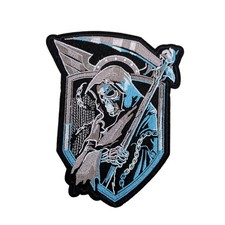 Grim Reaper Patch, Blue Viking Shield Grim Reaper Embroidered Iron On Patch