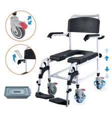 Shower Commode Wheelchair with 4 Lockable Wheels, Footrests, Flip-Up Arms,3-Leve