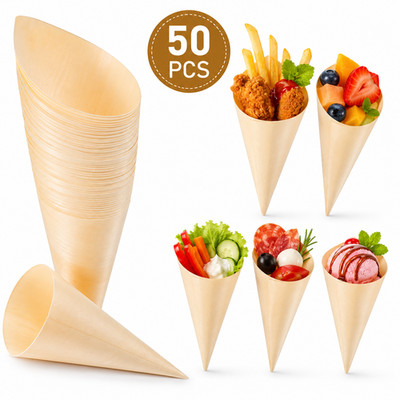 Honbay 50PCS Disposable Wooden Food Cones Appetizer Serving Cups Party Snack