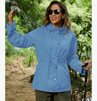 women Rain Jacket Waterproof Lightweight Hooded Raincoat for Hiking sky blue XXL