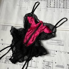 Vintage 80s black and pink mesh satin bodysuit.