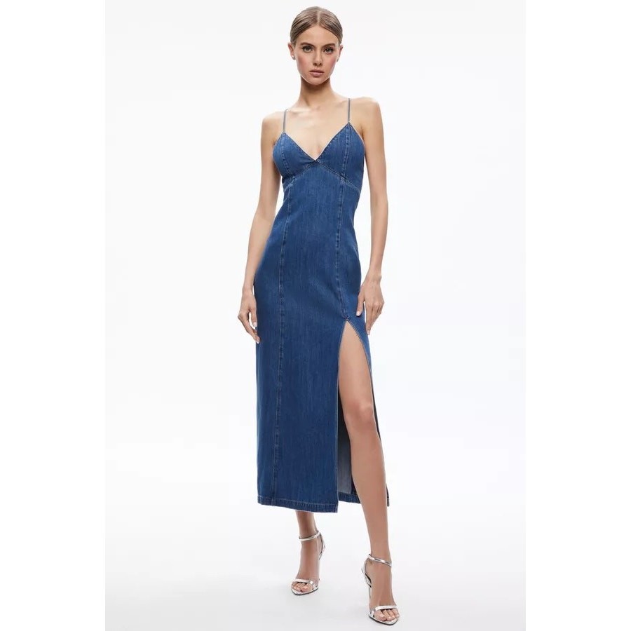 Alice + Olivia Julietta Slit Denim Midi Dress avery blue jean size 2 NWT