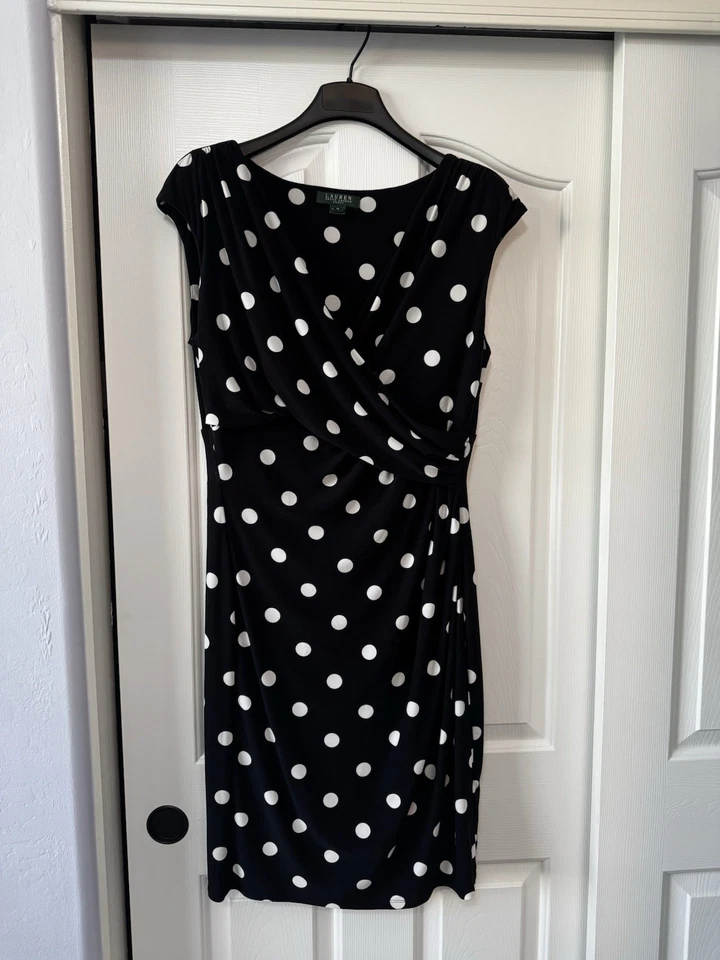 Vestido Lauren Ralph Lauren Talla 16 Negro Blanco Lunares Imitación Envoltura Clásico Preppy Foto 4 de 4