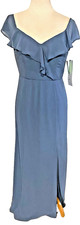 NWT-Bill Levkoff 7080 Ruffle Trim Off Shoulder Gown-Sz 8 Slate Blue -MRSP 200