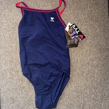 TYR Sz 36 Women s Diamondback Swimsuit Navy Blue Red M NWT