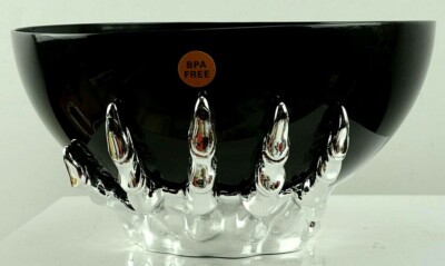 Halloween Black Candy Bowl w Silver Witch Hands for Base 10'' Diameter New