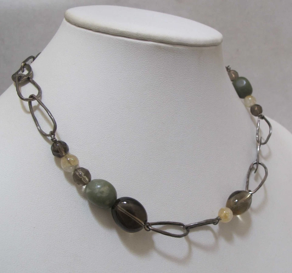 "Collar de cuarzo ahumado serpentina verde plata esterlina martillada SILPADA 17""" Foto 3 de 4