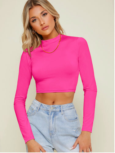 Hot Pink Mock Neck Long Sleeve Slim Crop Top Sz XS S M L | eBay