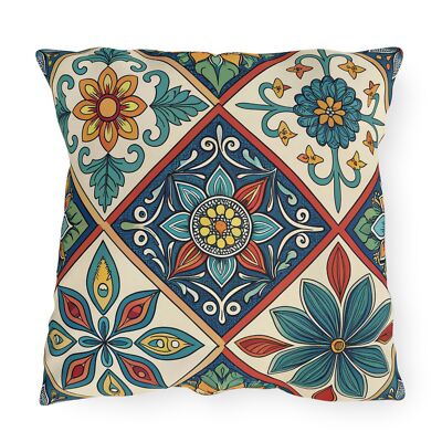 Mexican Talavera Tile Inspired Outdoor Pillows, Ethnic Deck Decor, Boho Patio