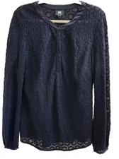 W by Worth Navy Blue Textured Round Neck Popover Long Sleeve Blouse Top sz 10