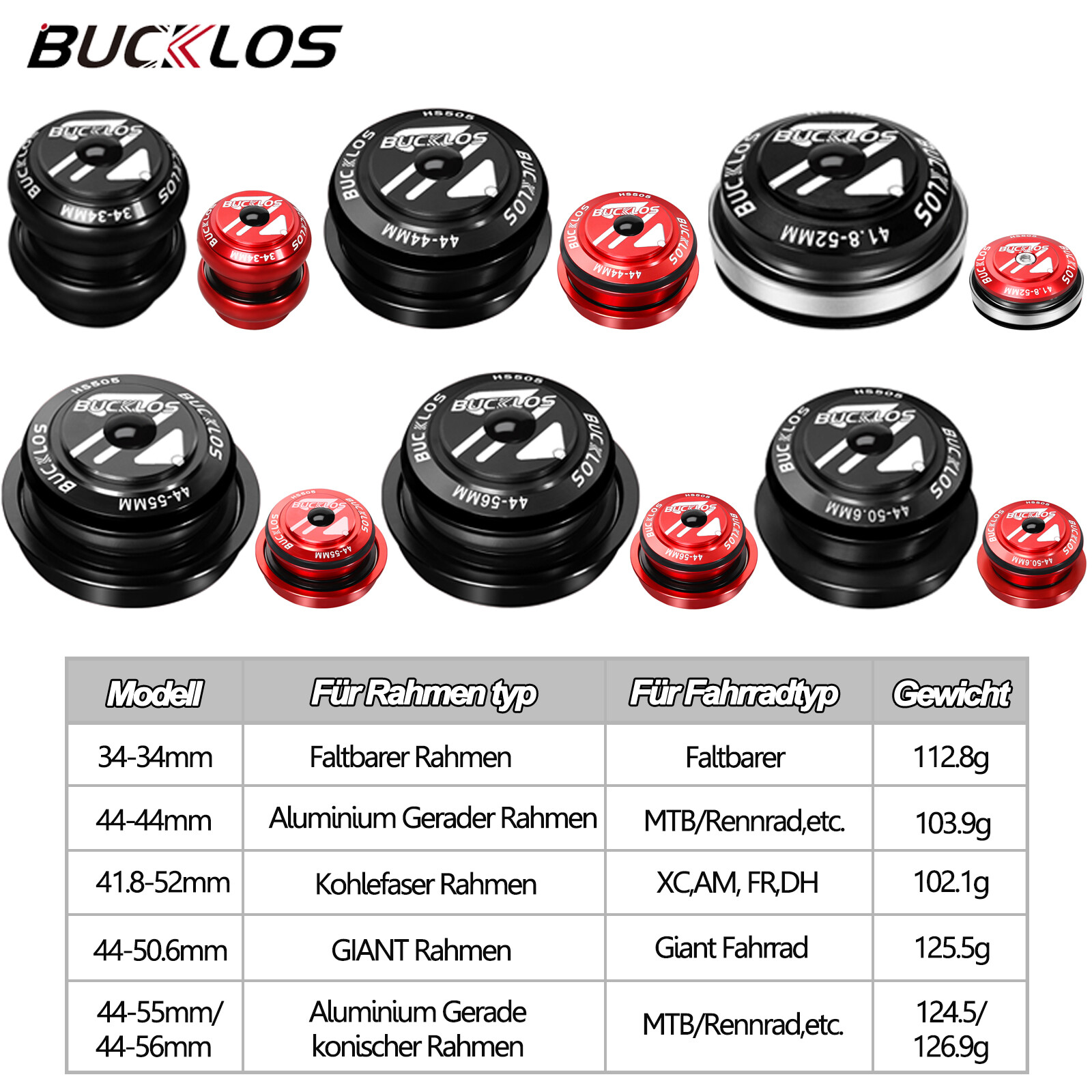 BUCKLOS HS505 Kit comandi bici con cuscinetti sigillati 34/44/50.6/52/55/56mm foto 2