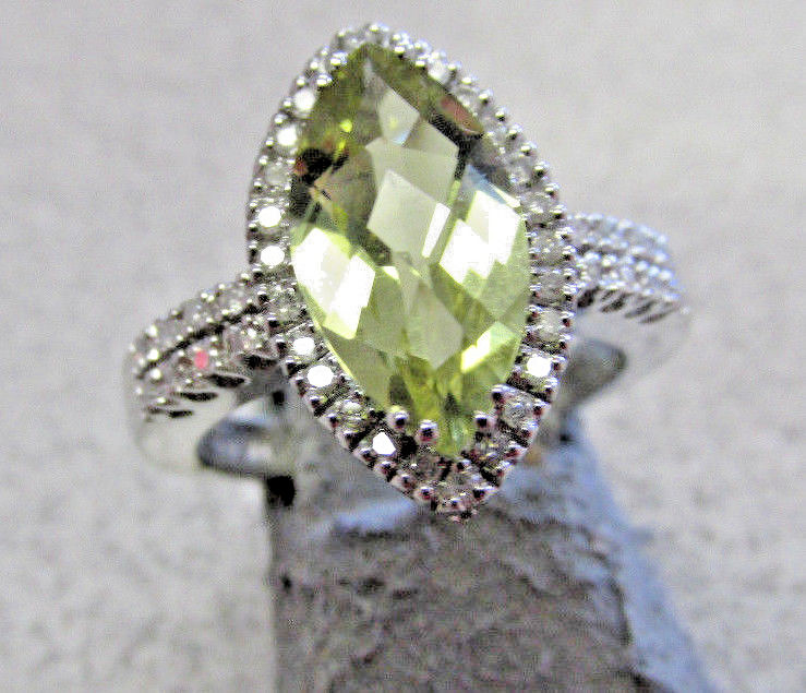 Beautiful Estate Faceted Lime Citrine and Diamond Ring 14k wg size 7  No Reserve