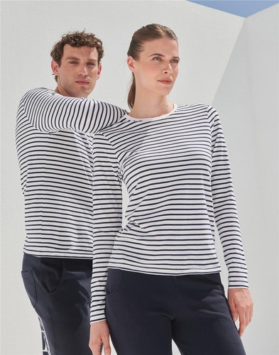 Camiseta Skinnifit Mangas Largas Bretón a Rayas Cuello Redondo Unisex Informal Prendas para el torso de Algodón - Imagen 5 de 11