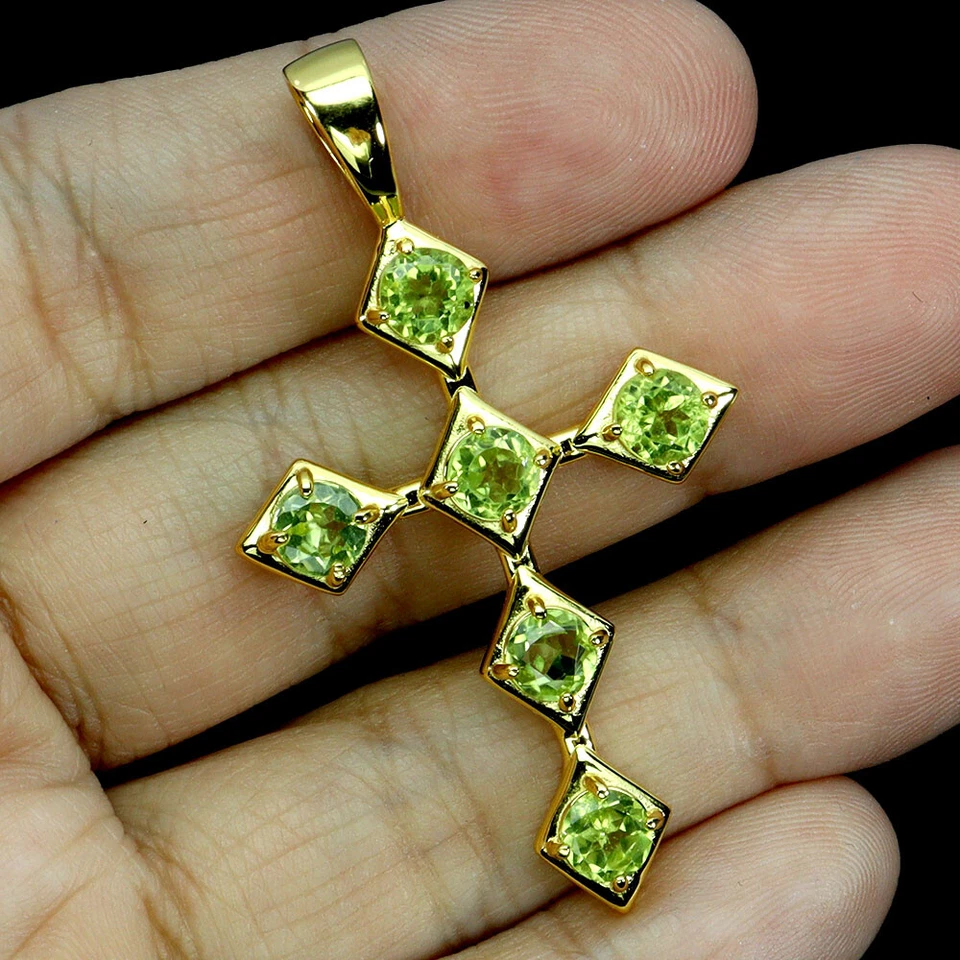 925 Sterling Silver Pendant Round Peridot 5mm Cross Natural Gemstone Jewelry - Image 2 of 4